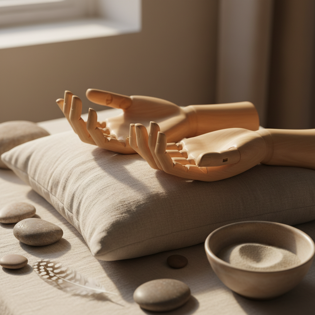 A close-up of a pair of hands represented by smooth, carved wooden forms resting lightly on a flax-colored linen cushion, fingers relaxed and open to symbolize somatic release and embodiment. Around the cushion, a few natural elements—polished river stones, a small bowl of sand, and a feather—suggest gentle, sensory grounding tools. Soft, diffused afternoon light streams in from the side, creating delicate highlights along the wood grain and subtle shadows in the folds of the fabric. Shot with a shallow depth of field in a photographic style, the mood is intimate, safe, and reassuring, emphasizing healing after trauma without clinical or harsh elements.