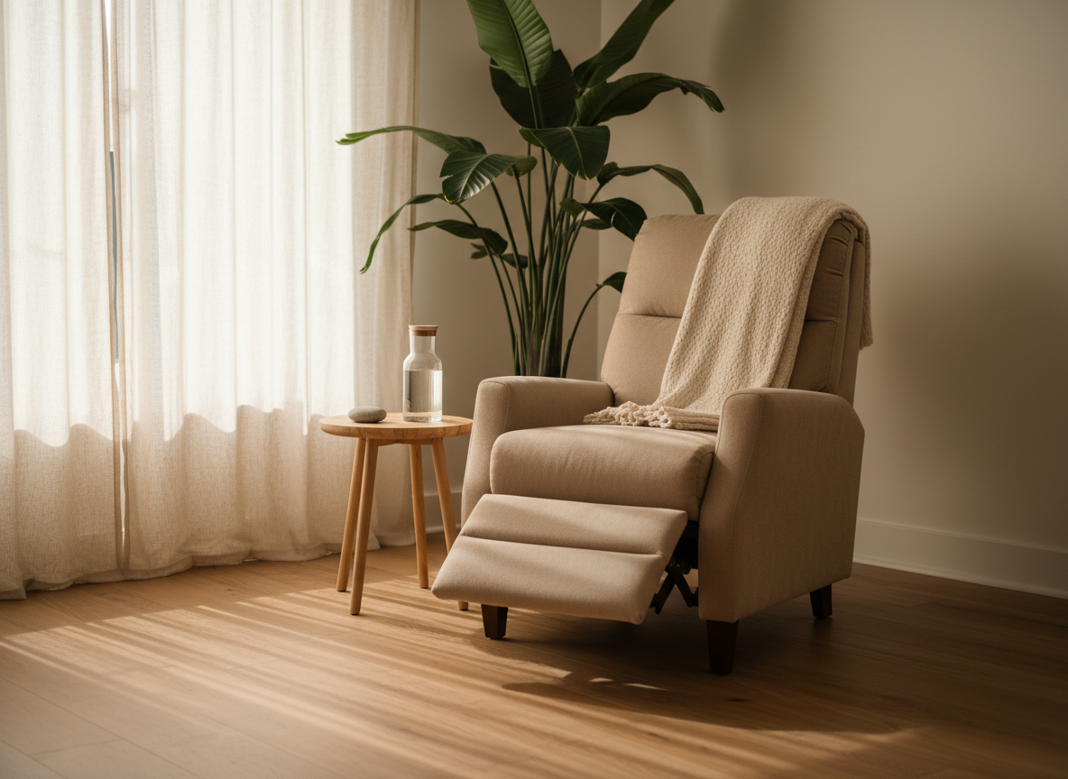 A tranquil therapy studio corner designed for somatic healing, featuring a plush sand-colored recliner chair and a textured wool throw folded neatly over the arm. A small natural wood side table holds a glass carafe of water and a smooth river stone. Behind, a tall plant with broad green leaves softens the space against a warm white wall. Soft morning light filters through sheer linen curtains, creating gentle shadows and a calming glow. Photographed at eye level with a shallow depth of field, the composition feels open and uncluttered, evoking nervous system regulation, safety, and grounded presence in a clean, photographic realist style.