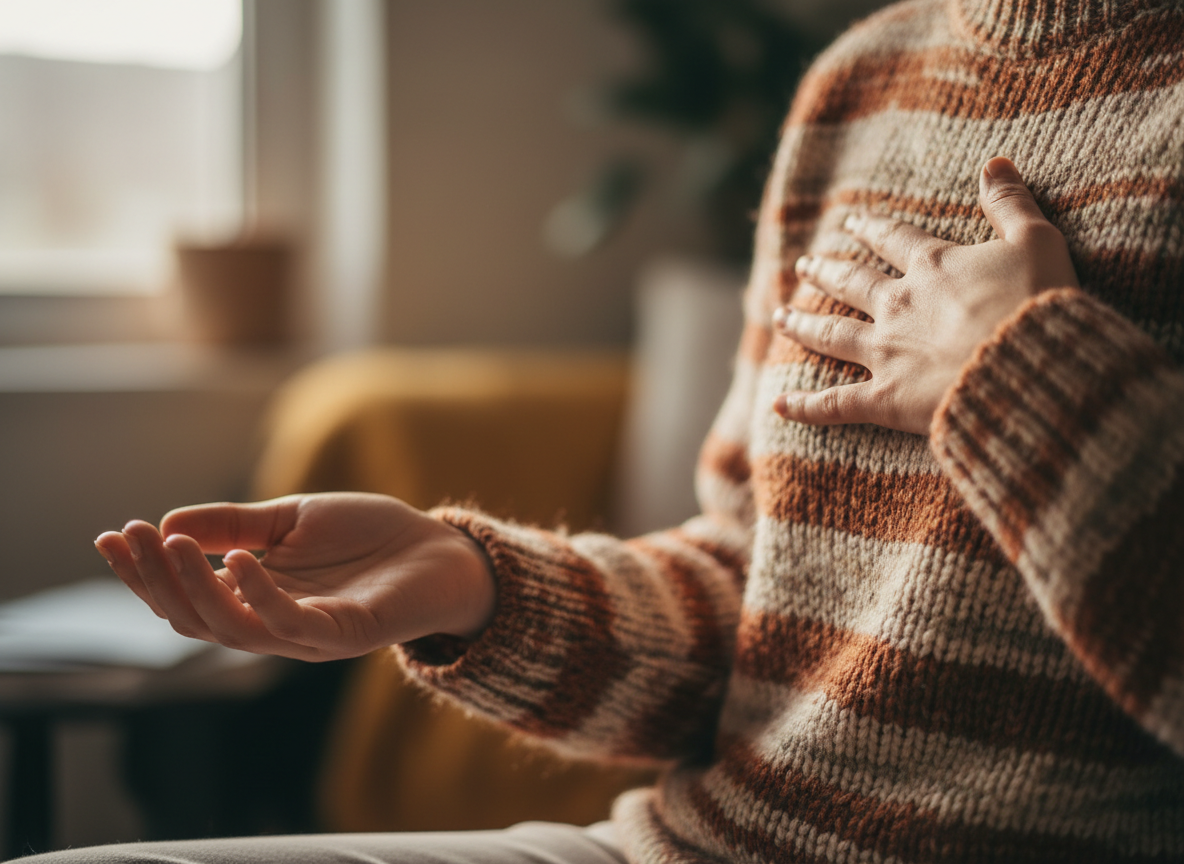 Close-up of a person's hands resting gently and openly, conveying calm embodiment and self-connection. Soft natural window light, warm earthy tones.