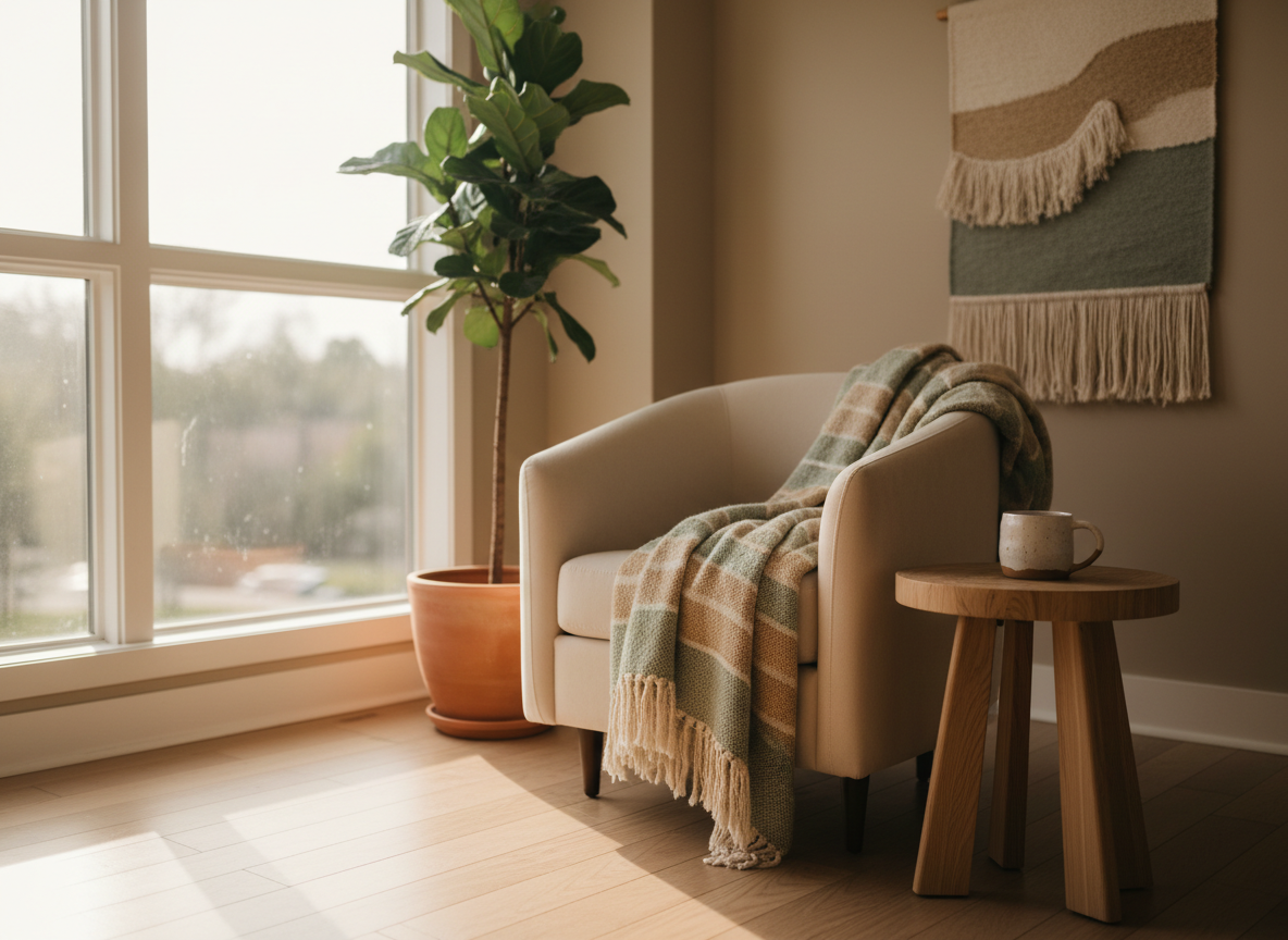 A serene, warm interior therapy space bathed in soft golden afternoon light. A comfortable armchair beside a large window, a woven textile throw, a small wooden side table with a ceramic cup, and a leafy potted plant. Peaceful, safe, grounded atmosphere.