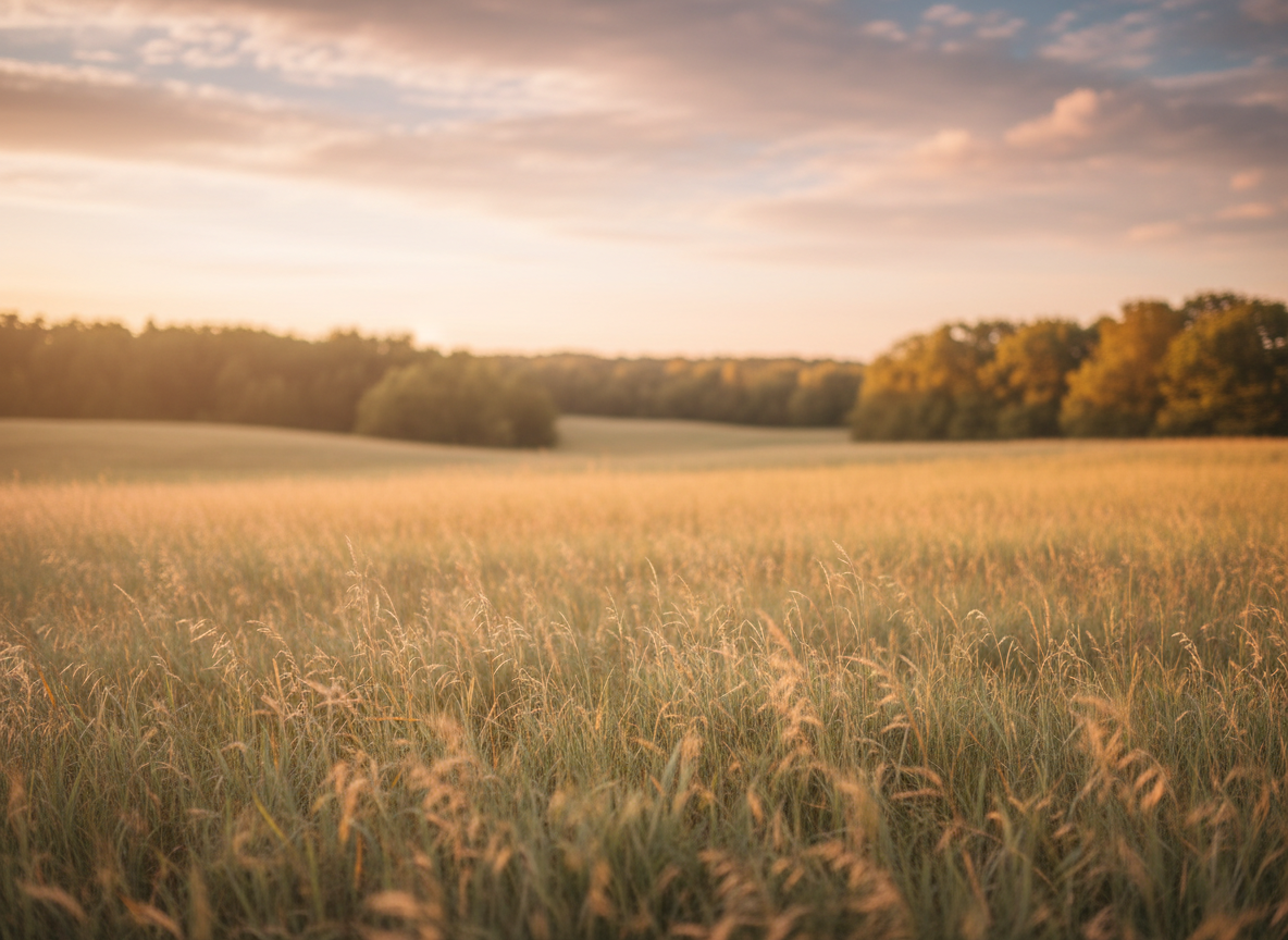 A serene, expansive natural landscape at golden hour — soft rolling meadow grasses swaying gently, with warm diffused sunlight filtering through, distant soft-focus trees, and a calm open sky.