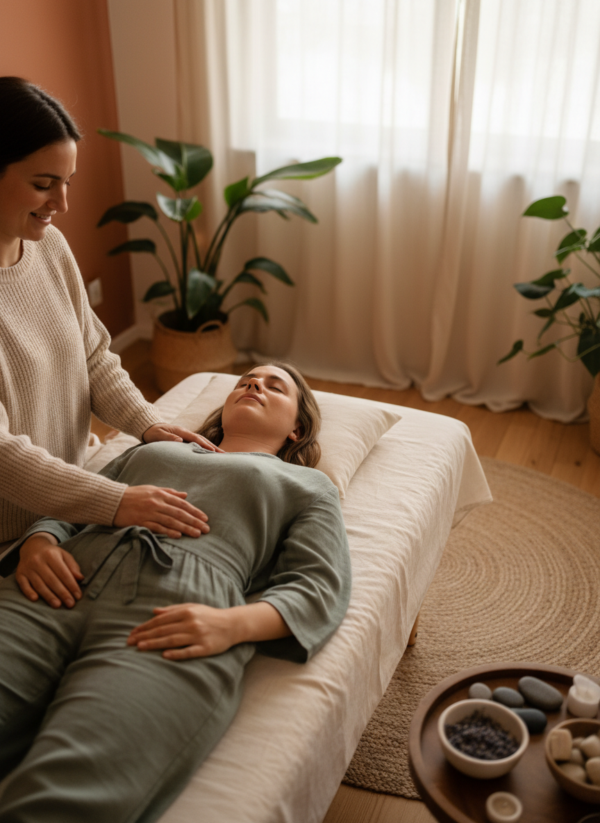Somatic healing therapy session showing grounded, body-centered healing work