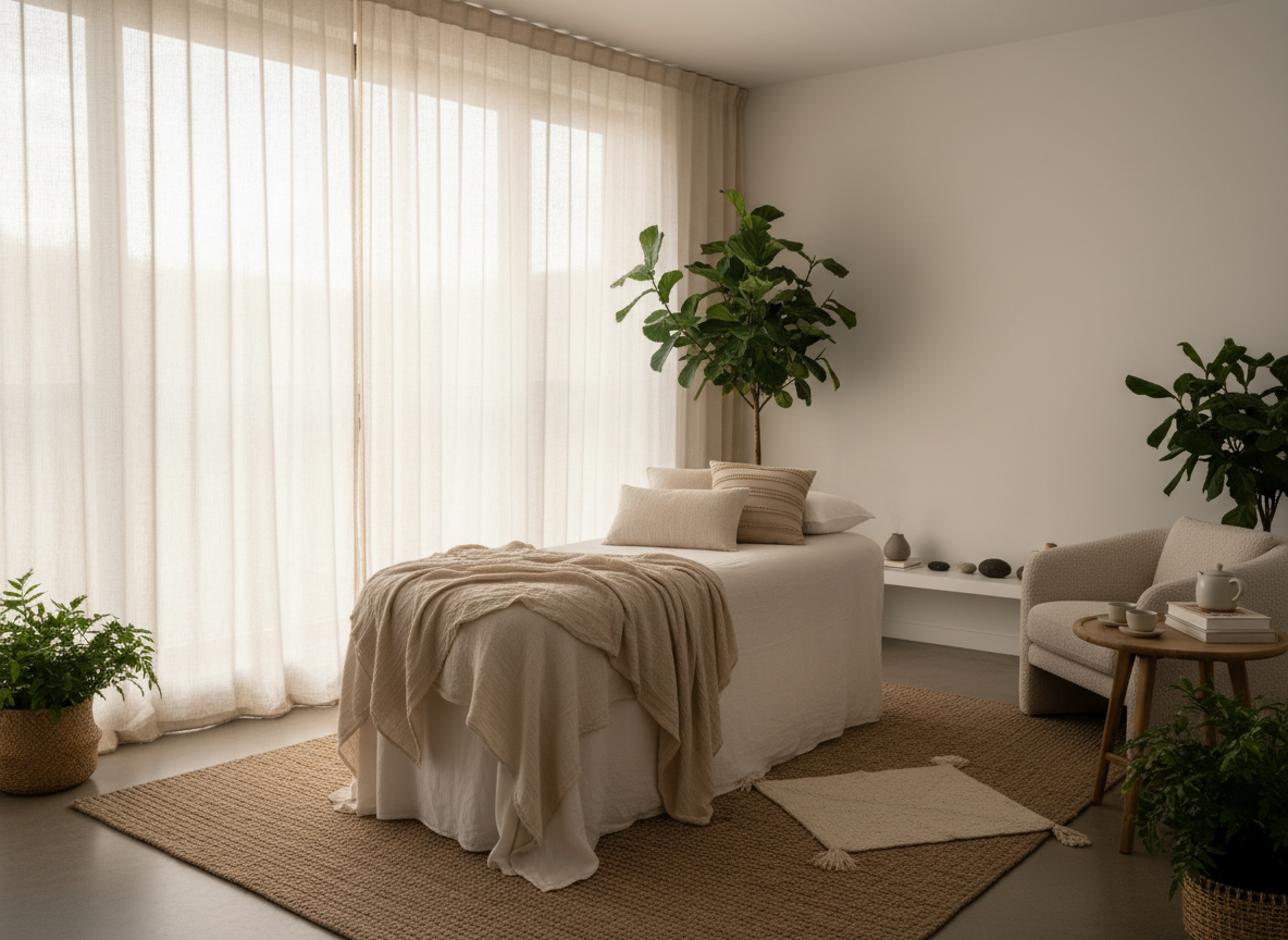 calm warm pelvic health therapy setting with soft natural light, neutral tones, cozy wellness environment, no faces, peaceful somatic healing space