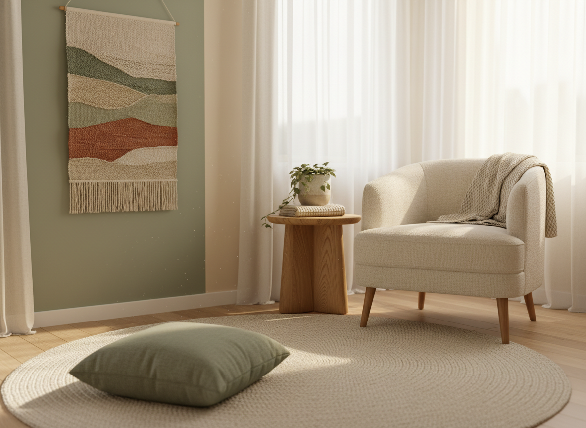 A serene, sun-drenched wellness therapy room with soft natural light streaming through sheer linen curtains, a comfortable chair, wood floors, plants, and a warm sage-green and cream palette.